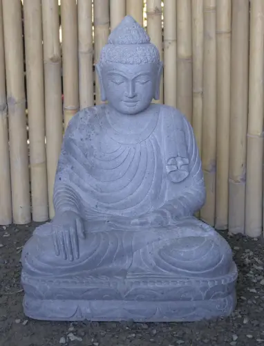 Artikelbild des Artikels “Sitzender Buddha aus Flussstein in Bhumisparsha - Geste des Berührens der Erde. Höhe 61 cm. “